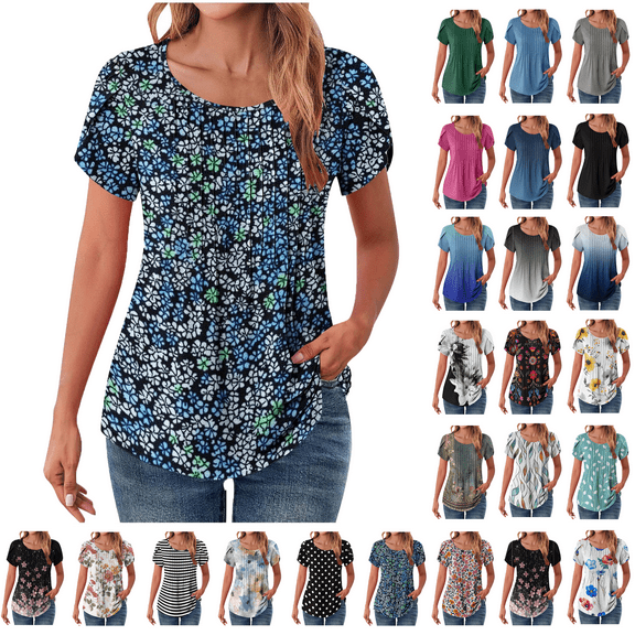 Xunlbb Blouses for Women Pleated Short Sleeve Tunic Tops Dressy Casual Summer Shirts Solid Floral Print Lightweight T-shirts Summer Vacation Beach Fashion Plus Size S-XXL