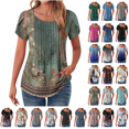 thumbnail image 1 of Xunlbb Blouses for Women Pleated Short Sleeve Tunic Tops Dressy Casual Summer Shirts Solid Floral Print Lightweight T-shirts Summer Vacation Beach Fashion Plus Size S-XXL, 1 of 8