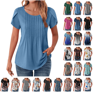 Xunlbb Blouses for Women Pleated Short Sleeve Tunic Tops Dressy Casual Summer Shirts Solid Floral Print Lightweight T-shirts Summer Vacation Beach Fashion Plus Size S-XXL
