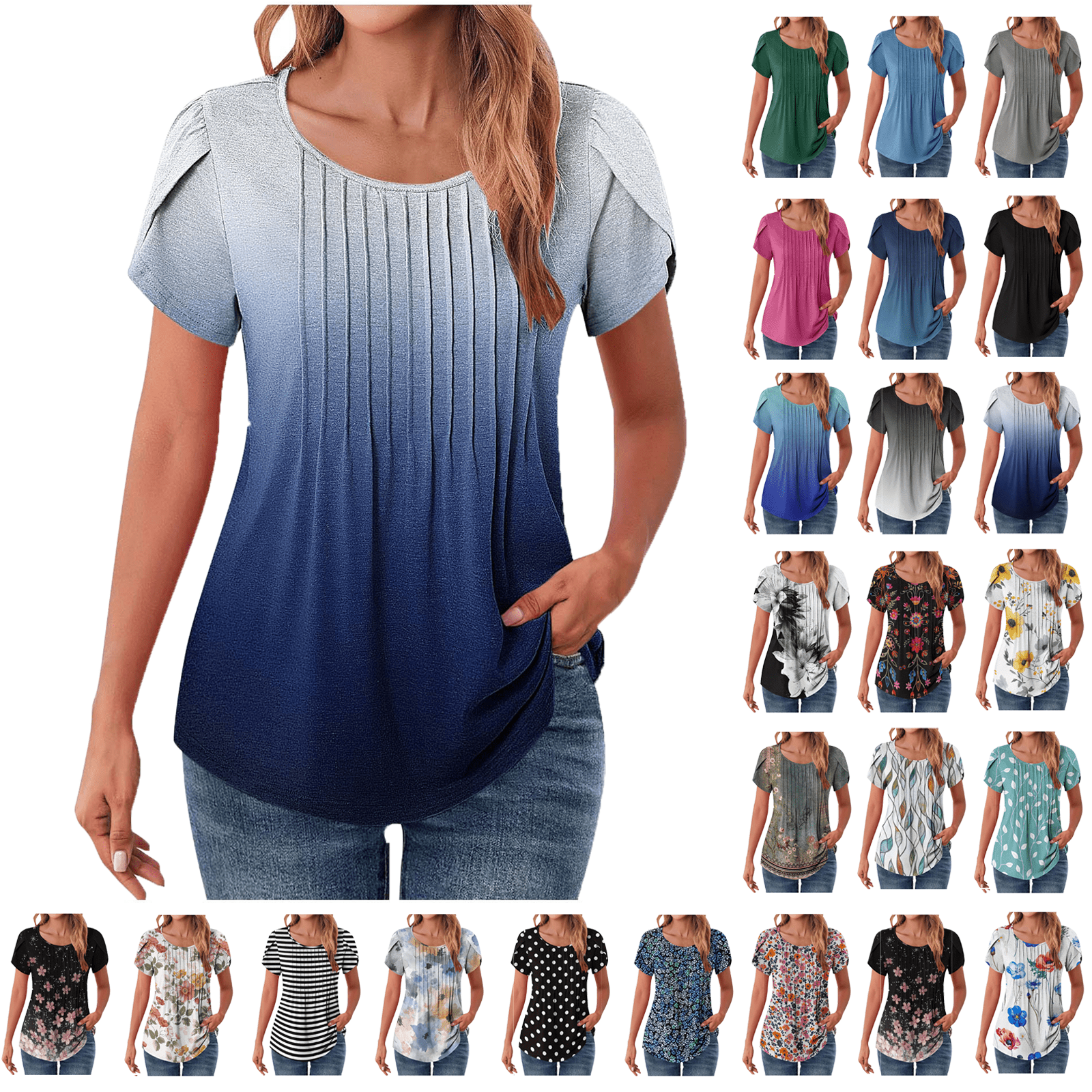 Xunlbb Blouses for Women Pleated Short Sleeve Tunic Tops Dressy Casual ...
