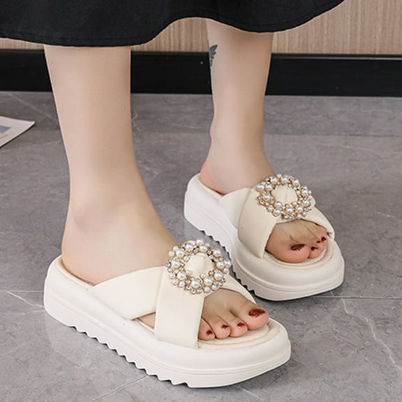 Xunlbb Clearance Sale Sandals! Women's Summer Platform Sandals Round Head Pearl Flower Shoes
