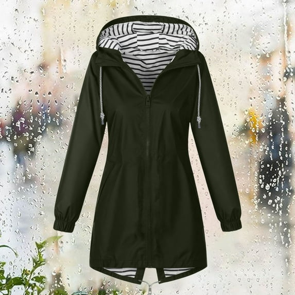 Xunlbb Clearance! Women Solid Color Rain Jacket Outdoor Hooded Windproof Loose With Pocket Coat,Army Green