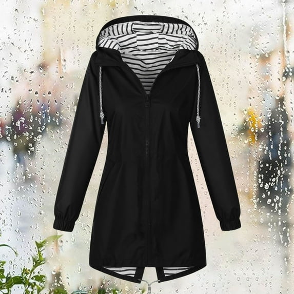 Xunlbb Clearance! Women Solid Color Rain Jacket Outdoor Hooded Windproof Loose With Pocket Coat,Black