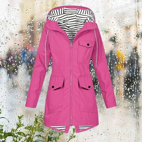 Xunlbb Clearance! Women Solid Color Rain Jacket Outdoor Hooded Windproof Loose With Pocket Coat,Hot Pink