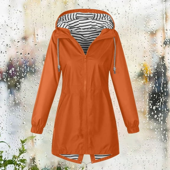 Xunlbb Clearance! Women Solid Color Rain Jacket Outdoor Hooded Windproof Loose With Pocket Coat,Orange