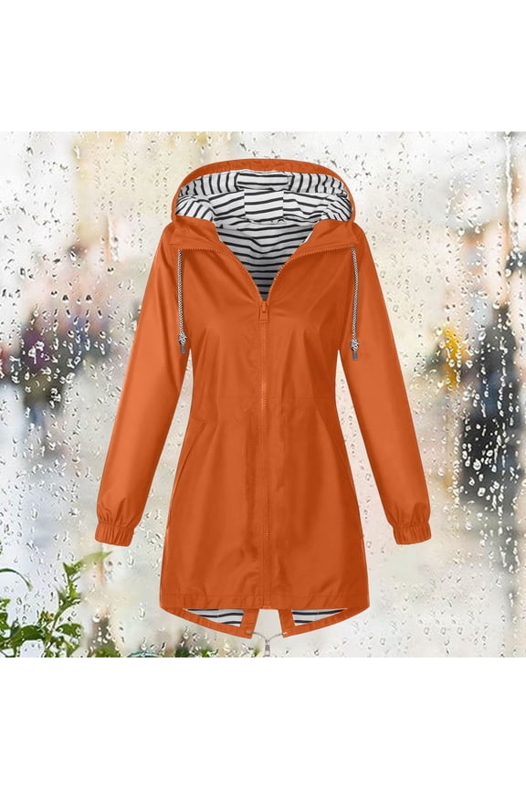 Clearance! Women Solid Color Rain Jacket Outdoor Hooded Windproof Loose With Pocket Coat,Orange