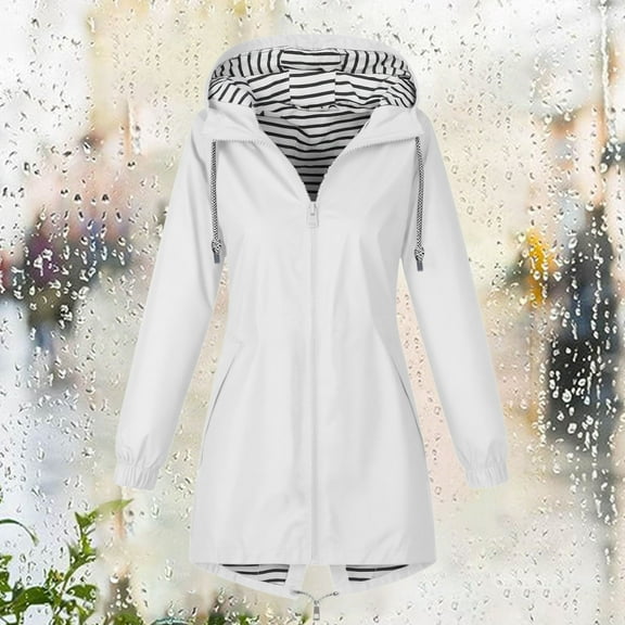 Xunlbb Clearance! Women Solid Color Rain Jacket Outdoor Hooded Windproof Loose With Pocket Coat,White