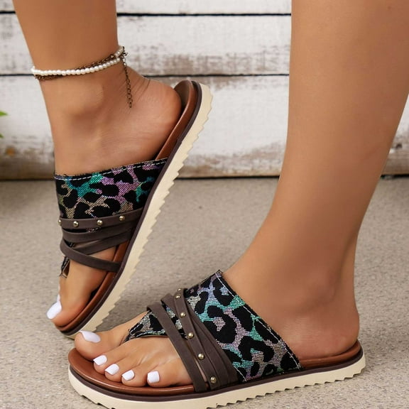 Xunlbb Clearance, Women's New Foreign Trade Plus-size Retro Strap Patchwork Color Clip Toe Miter Beach Slippers