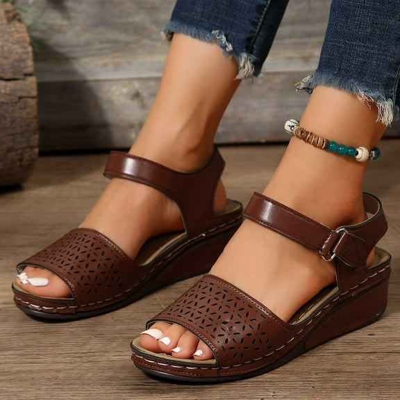 Xunlbb Clearance, Women's New Large Size Hollow Thick Bottom One Line Buckle Wedge Sandals