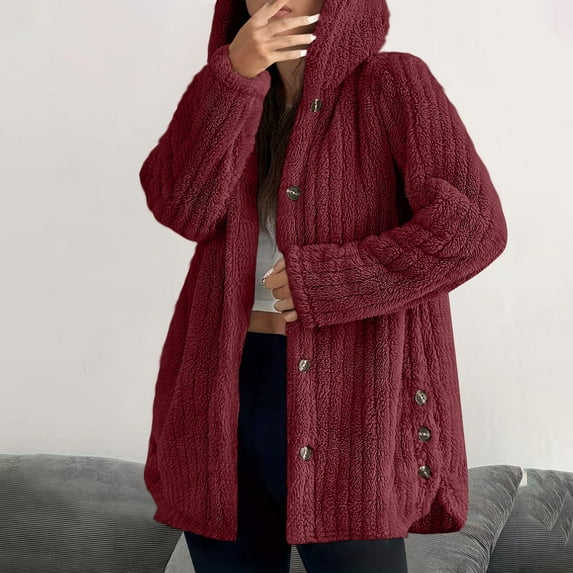Xunlbb Clearance! Women's Winter Long Sleeved Hooded Warm Jacket Solid Color Button Top Jacket,Wine