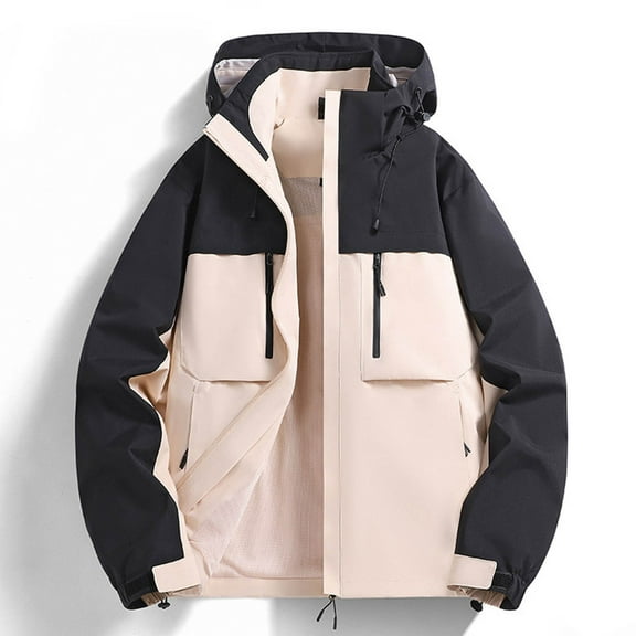 Xunlbb Coat Rain Jacket Men's Fashion Casual Solid Color Pockets Zipper Jacket Long Sleeve Hooded Casual Outwear Coat,XS-3XL