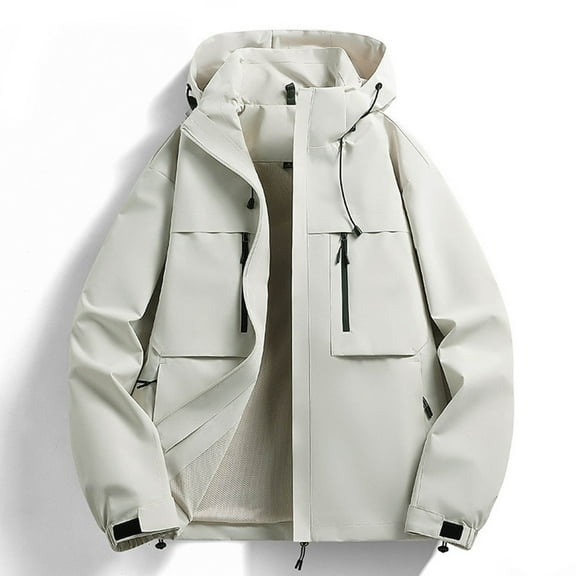 Xunlbb Coat Rain Jacket Men's Fashion Casual Solid Color Pockets Zipper Jacket Long Sleeve Hooded Casual Outwear Coat,XS-3XL