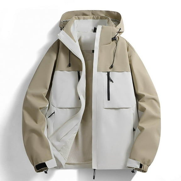 Xunlbb Coat Rain Jacket Men's Fashion Casual Solid Color Pockets Zipper Jacket Long Sleeve Hooded Casual Outwear Coat,XS-3XL