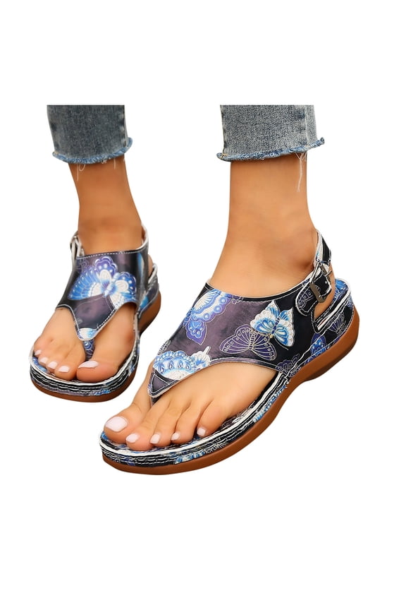 Comfort Sandals, Oversized Herringbone Sandals Butterflys Print Back Buckle Sloping Heel Sandals