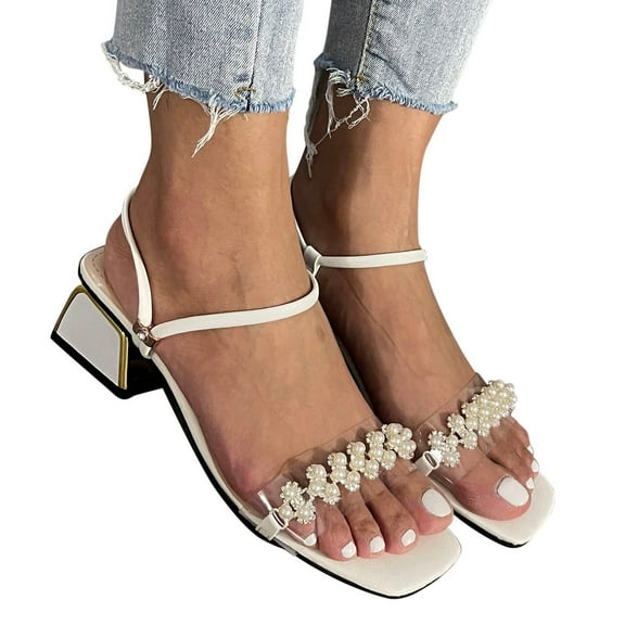 Xunlbb Comfort Sandals, Thick Medium Heel Rhinestone Beaded Open Toe Sandals Non Slip External Wear Flat Toe Sandals