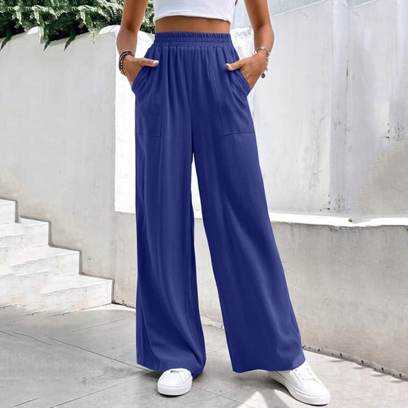 Xunlbb Women Wide Leg Pants, Womens Summer Fashion Solid Casual Elastic Waist Long Wide Leg Pants ,Blue L