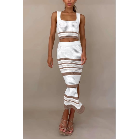 Xunlbb Dresses for Women Women's Fashion Casual Round-Neck Streak Sleeveless Sheath Sundress Set Size S-XL Gifts for Her