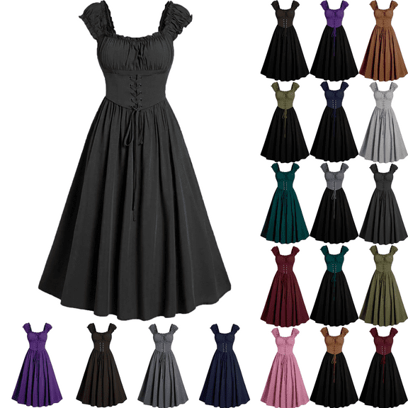 Xunlbb Elegant Women's Dress Plus Size Lace Up Gothic Dress Short Sleeve Straps Long Dress Formal Gown for Party Dinner Dress Waist Control Summer Spring Dress