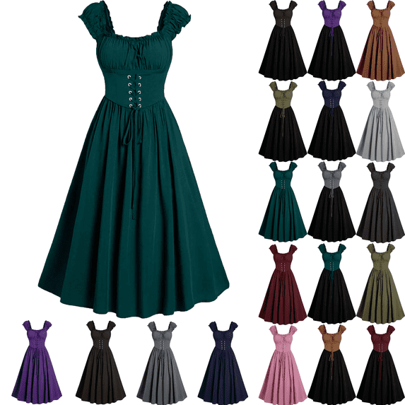 Xunlbb Elegant Women's Dress Plus Size Lace Up Gothic Dress Short Sleeve Straps Long Dress Formal Gown for Party Dinner Dress Waist Control Summer Spring Dress