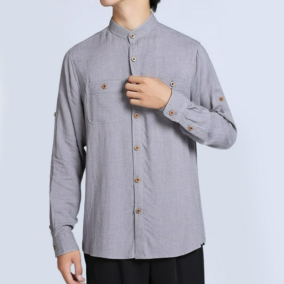 Xunlbb Fashionable Men's Solid Color Long Sleeve Stand-up Collar Blouse Shirt,Size M-3XL