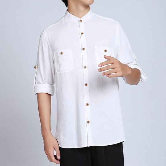 Xunlbb Fashionable Men's Solid Color Long Sleeve Stand-up Collar Blouse Shirt,Size M-3XL