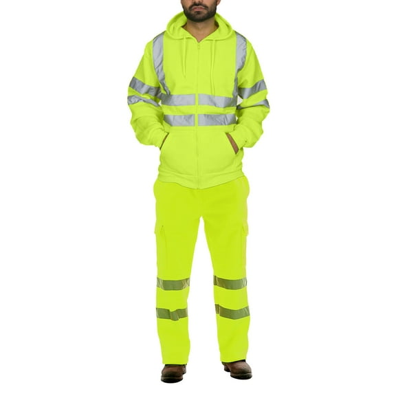 Xunlbb High Visibility Reflective Hoodies for Men, Men Casual Hoodie Solid Reflective Zipper Sanitation Workers Overalls Tops And Pants Suit M-4XL