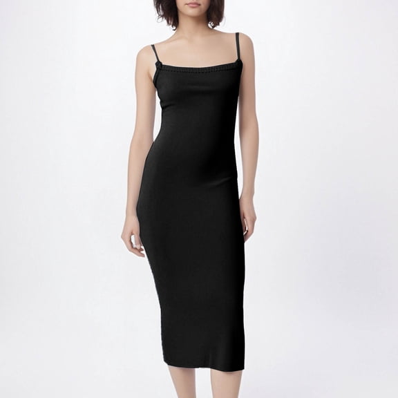 Xunlbb Holiday Black Dresses for Women 2025 Women's Fashion Sexy Large Backless Strap Slim Temperament Mid-Length Wool Dress Size S-XL