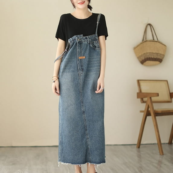 Xunlbb Holiday Dresses for Women 2025 Women's Casual Denim Dress Fashion Leisure Retro Loose Strap Dress Size M-2XL