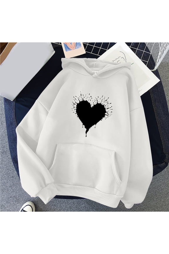 Hoodies for Women,Women's Comfortable Sweater Heart Pattern Printed Women's Hooded Pocket Drawstring Sweater,Size S-3XL