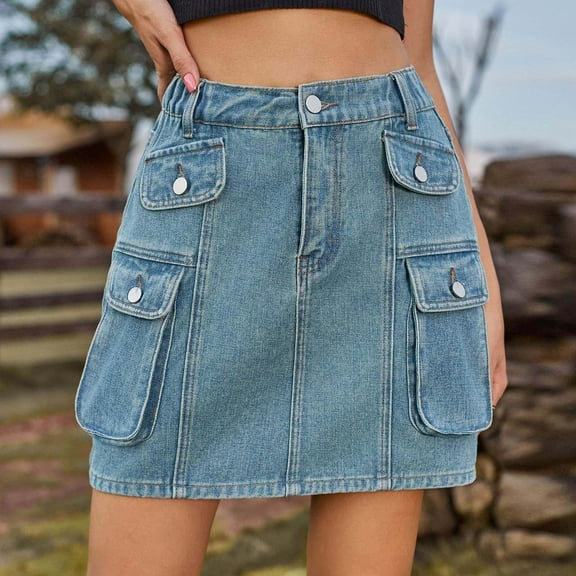Xunlbb Jean Mini Skirts for Women Denim, Women's Fashion Solid Color Elastic Waist Cowboy Cargo Skirt Gift for Girls, Size S-2XL