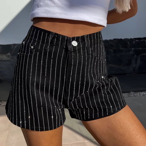 Xunlbb Jean Shorts for Women Workout Shorts Ladies' Solid Color Casual Pocket Button Rhinestone Washed Denim Shorts S-2XL on Clearance