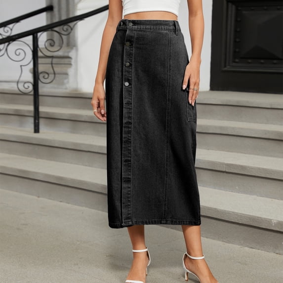 Xunlbb Jean Skirts for Women Denim, Women's Fashion Solid Color Elastic Waist Slit Cowboy Skirt Gift for Girls, Size S-2XL