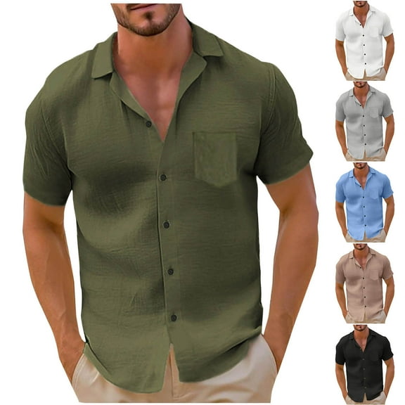 Xunlbb Linen Shirts Mens Dress Shirts Mens Fashion Casual Solid Button Pocket Cotton Linen Short Sleeved Turndown Top Gift for Him, M-3XL