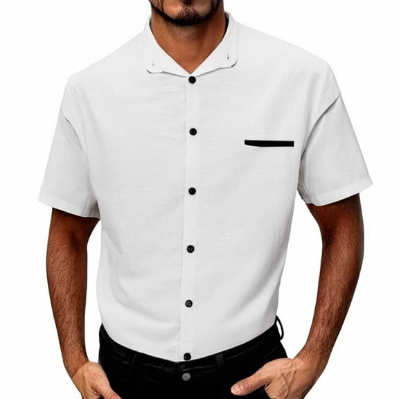 Xunlbb Linen Shirts Mens Shirt Mens Dress Shirts Man Casual Solid-Color Printed Button Short Sleeve Turndown Collar Shirt Gift for Him, S-3XL
