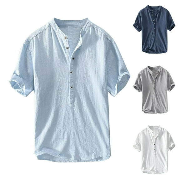Xunlbb Linen Shirts Short Sleeve for Men Shirts Men's Summer Casual Solid Color Fitting Short Sleeved Round Neck Shirts, S-2XL