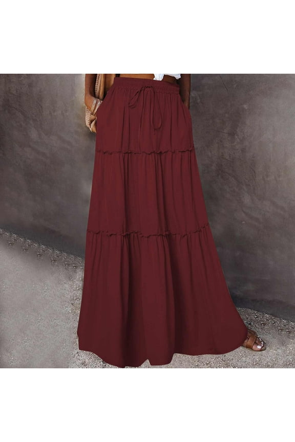 Long Skirts for Women, Fall Fashion Women Casual Comfort Elastic Waist Tie Pocket Ankle Skirt Gift for Girls, Size S-2XL