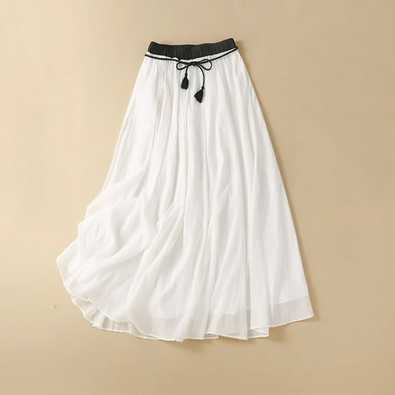 Xunlbb Long Skirts for Women, Women's Summer Double Layered Solid And Linen Elastic Waist Skirt Gift for Women, Size M-2XL