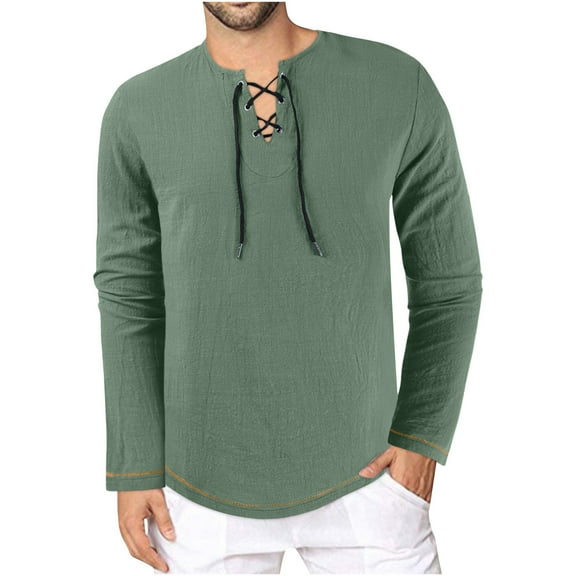 Xunlbb Long Sleeve Shirts for Men, Men's Summer Fashion Casual Tie Out Solid Color Pocket Long Sleeve V-Neck Top S-3XL Gift for Him