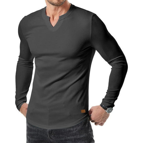 Xunlbb Long Sleeve Shirts for Men, Mens Long Sleeve Muscle T Shirts Casual V-Neck Longline Ribbed Tee Shirts S-3XL