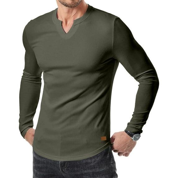 Xunlbb Long Sleeve Shirts for Men, Mens Long Sleeve Muscle T Shirts Casual V-Neck Longline Ribbed Tee Shirts S-3XL
