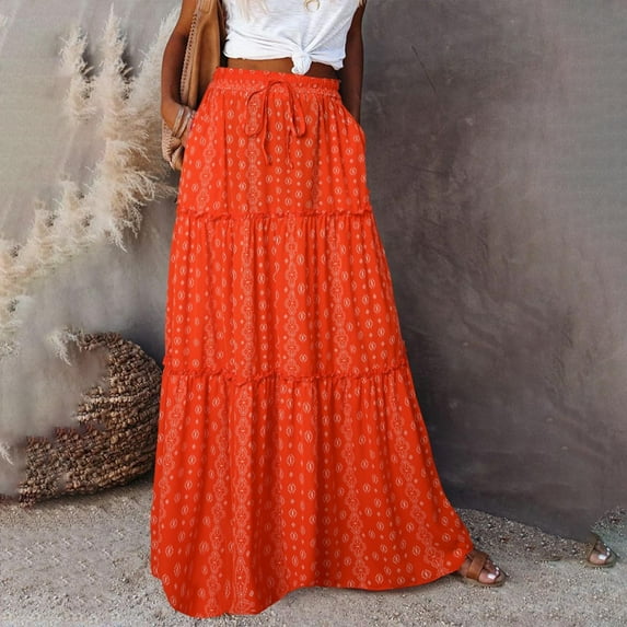 Xunlbb Maxi Skirt for Women, Women's Bohemian Style Loose Fitting Casual High Waisted Half Length Skirt Gift for Girls, Size S-2XL