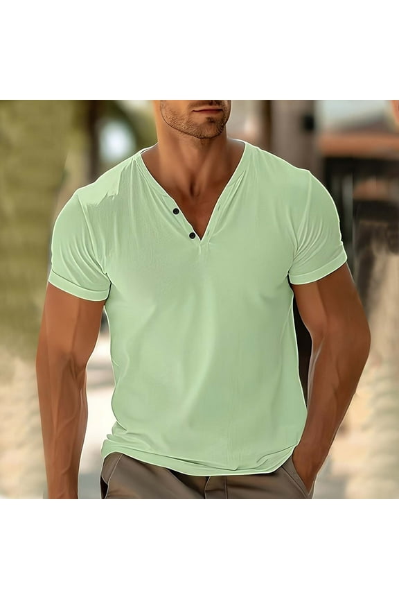 Men Tops Under $10 Man Fashion Leisure Solid Color V-neck Ventilation Motion Short Sleeve Gift for Mmen, Green 3XL