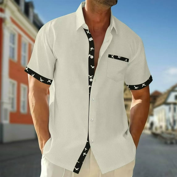 Xunlbb Men Tops Under $10 Men Casual Color Blocked Turndown Collar Button Short Sleeved Shirt on Clearance, Khaki 2XL