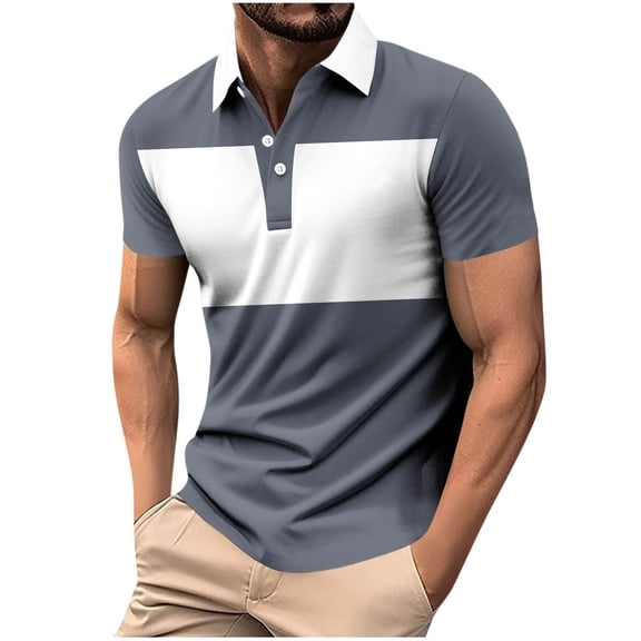 Xunlbb Men Tops on Sale, Men's Color Blocked Turndown Collar Button Sport Short Sleeved Lapel Top Shirt Gift for Mmen, Gray L