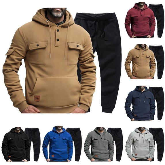Xunlbb Men's Fleece Sweatshirt And Pants Set With Buttons Hoodies Sweatshirt Small Footrest Solid Color Casual Men's Long Sleeved Hoodies and Joggers Pants Set, S-3XL