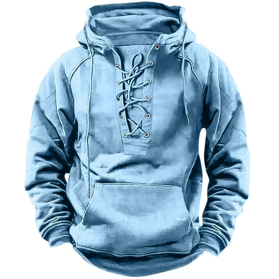 Xunlbb Men's Hoodie, Men's Retro Lace Up Hooded Long Sleeved T-shirt Solid ColorCasual Top S-3XL Great Gifts for Less