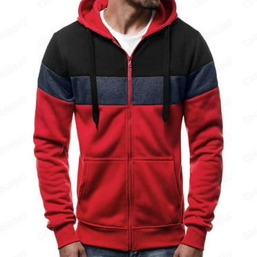 Xunlbb Men's Jackets Men's Solid Color Long Sleeve Hooded Tricolor Patchwork Cardigan Loose Casual Sports Zipper Hoodie Coat