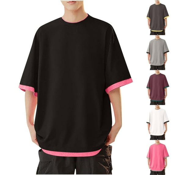 Xunlbb Men's Shirts Men'S Clothing Under $10 Men's Solid Color Casual Fake Two Piece Short Sleeved Round Neck Shirts, M-5XL