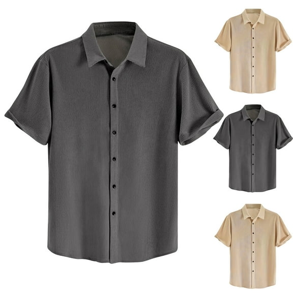 Xunlbb Men's Shirts Mens Casual Button Down Shirts Men's Fashionable Casual Corduroy Solid Color Button Turndown Collar Short Sleeved Shirt Gift for Him, XS-3XL