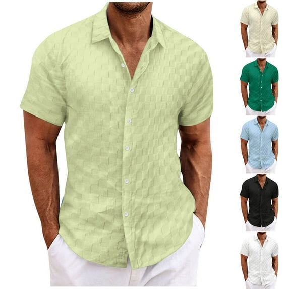 Xunlbb Men's Shirts Mens Dress Shirts Man Casual Solid-Color Checkered Button Short Sleeve Turndown Collar Blouse Shirt Gift for Him, S-3XL
